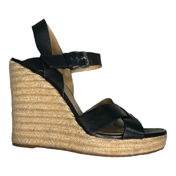 Michael Kors Black Leather Wedge Espadrille Sandals Size 10 Open Toe Ankle Strap - Picture 2 of 11